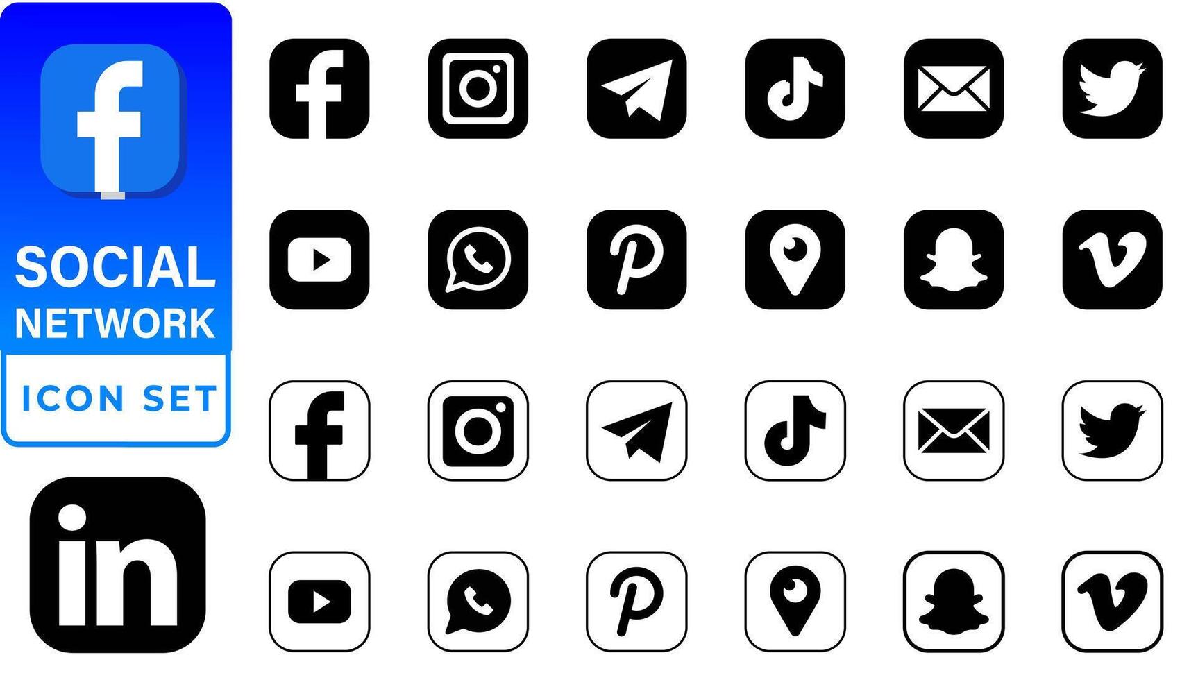 sociaal media pictogrammen. facebook, instagram, twitteren, youtube, pinterest, goed, video, googlen, skypen, viber, tiktok, whatsappen, gekoppeld, telegram, wechatten, dribbelen, reddit, blogger vector