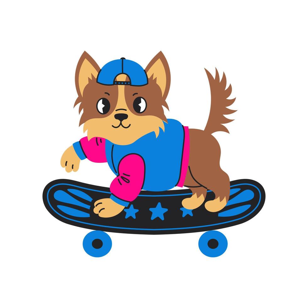 chihuahua hond in 90s mode kleren ritten een skateboard vector