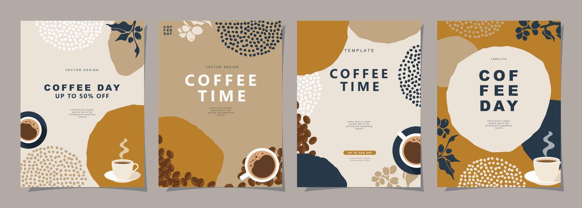 reeks van minimaal achtergrond Sjablonen met koffie bonen en koffie mok voor uitnodigingen, kaarten, banier, brochure, poster, omslag, cafe menu of een ander ontwerp. vector