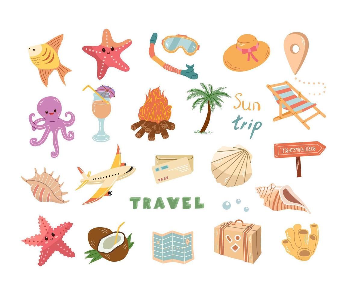 een schattig reeks van hand getekend reizen pictogrammen. badges voor toerisme en camping avonturen. clip art met elementen van reis, vervoer, kaart, palm boom, schelpen. vector