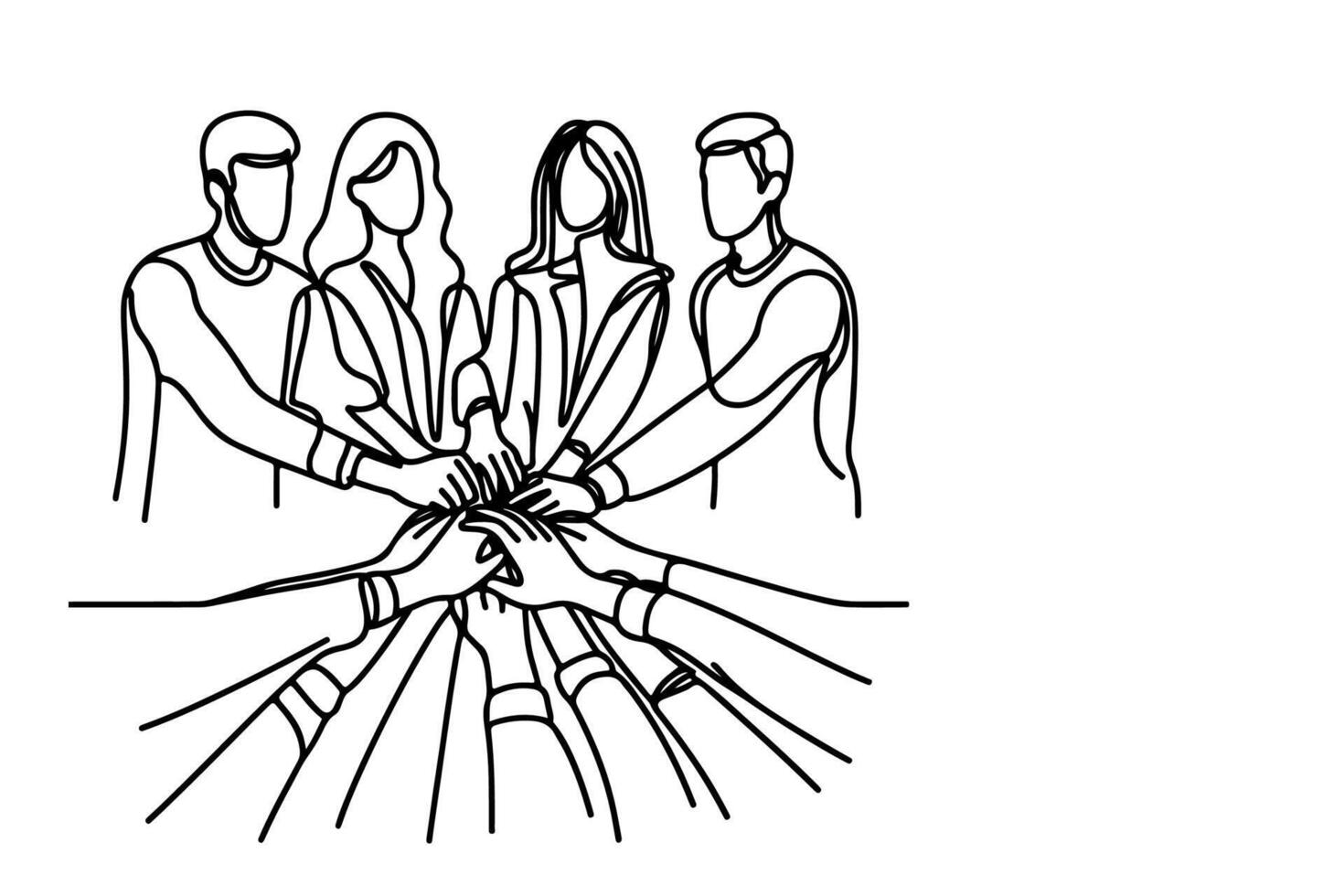 doorlopend een single zwart lijn tekening samenspel groep van vrienden zetten hun handen samen illustratie geïsoleerd Aan wit achtergrond vector