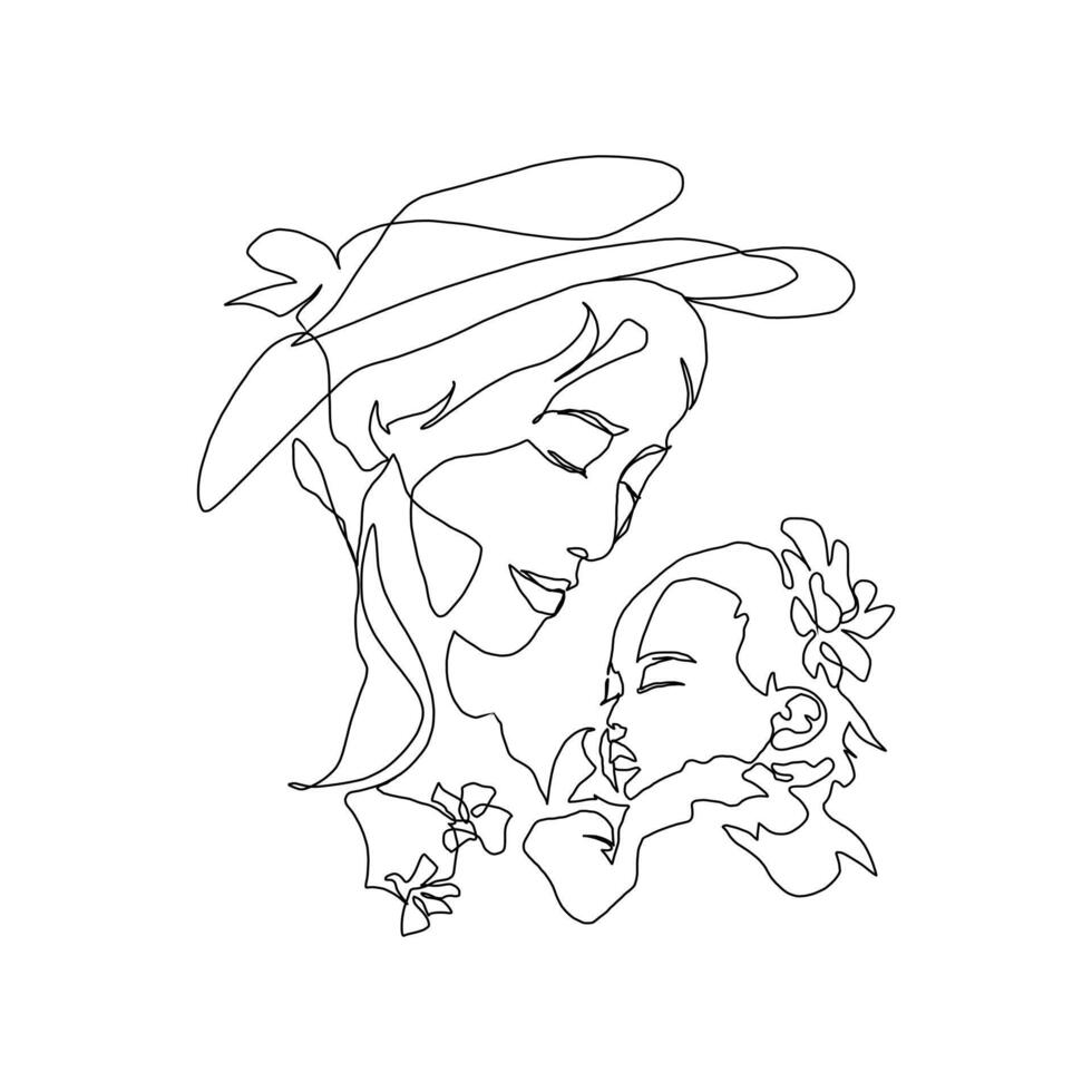 doorlopend lijn kunst van moederschap, baby bloemen, gelukkig moeder dag kaart, een lijn tekening, ouder en kind silhouet hand- getrokken. illustratie vector