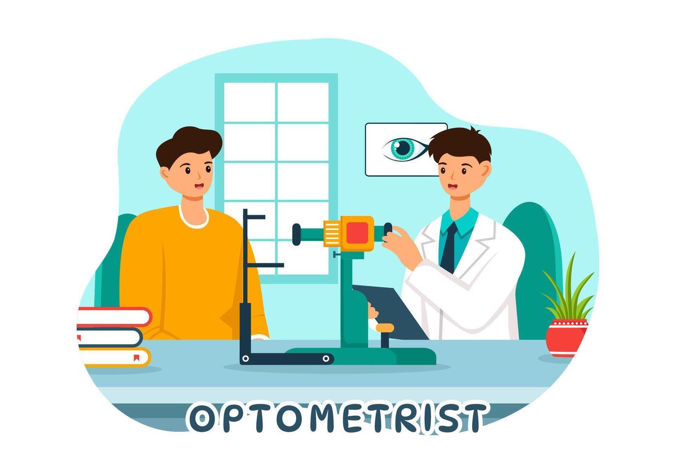 optometrist illustratie met oogarts cheques geduldig zicht, optisch oog test en bril technologie in vlak tekenfilm achtergrond vector