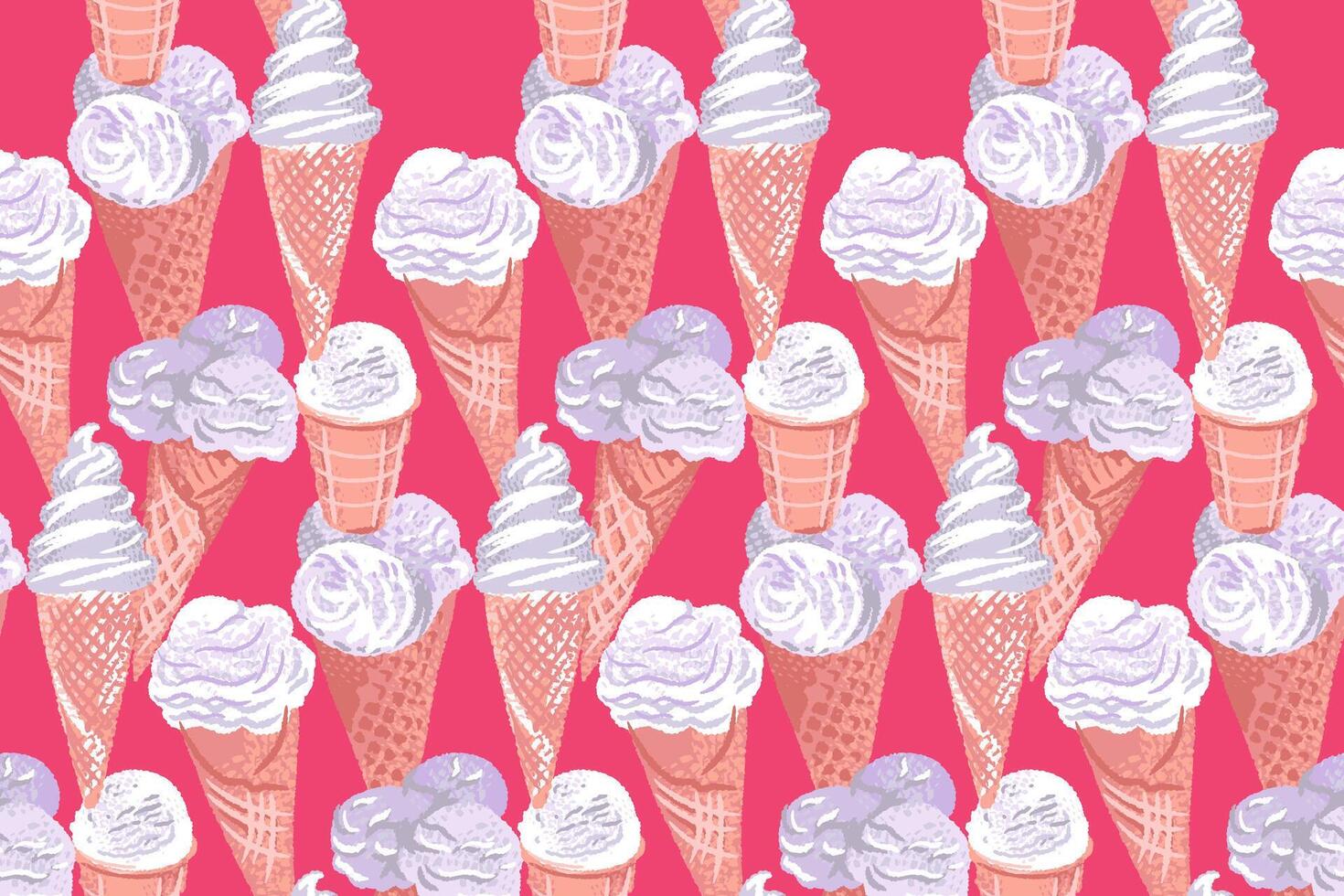 abstract artistiek ijs room ijshoorntje naadloos patroon in een roze achtergrond. hand- getrokken schetsen. kleurrijk illustratie zomer vers ijs room nagerecht. collage voor ontwerpen, keuken textiel vector