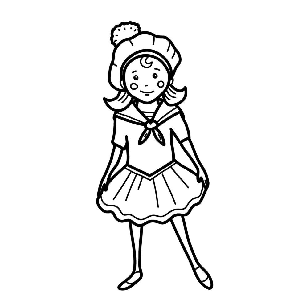 schattig weinig matroos meisje in een marinier jurk. nautische illustratie voor kinderen in tekening stijl. hand- getrokken Aan wit achtergrond. vector