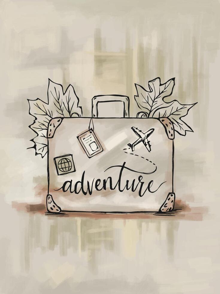 gestileerde tekening van koffer met woord avontuur, vliegtuig, paspoort, en herfst bladeren vector