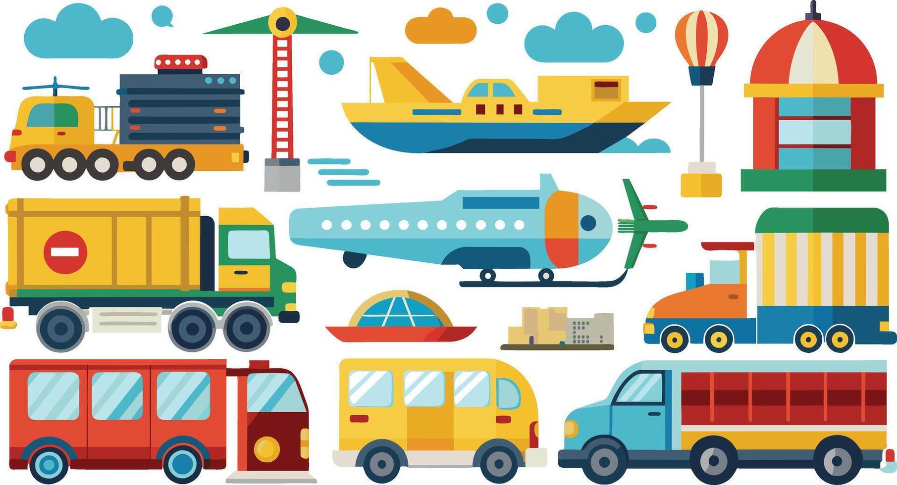 vervoer pictogrammen reeks met divers voertuigen en gebouwen vector