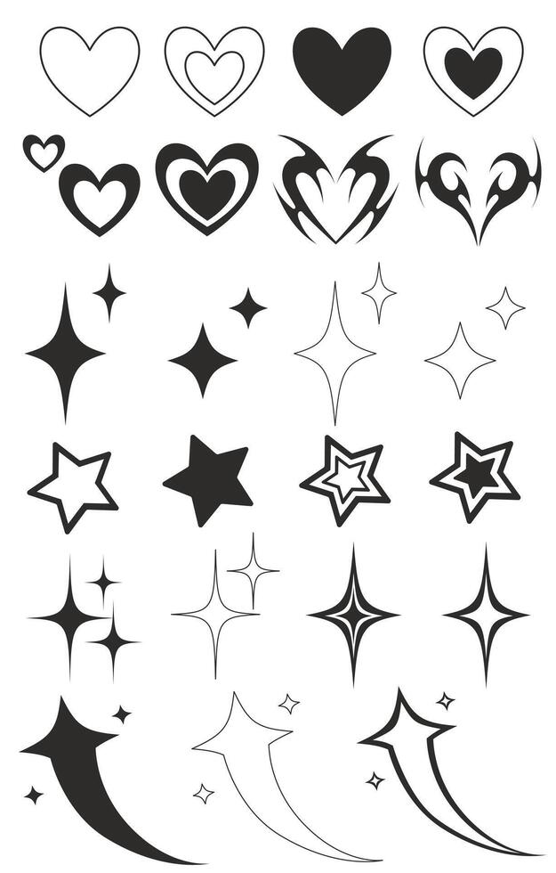 zwart en wit illustratie met divers pictogrammen in gotisch en alt stijlen. harten, sterren, sparkles vector