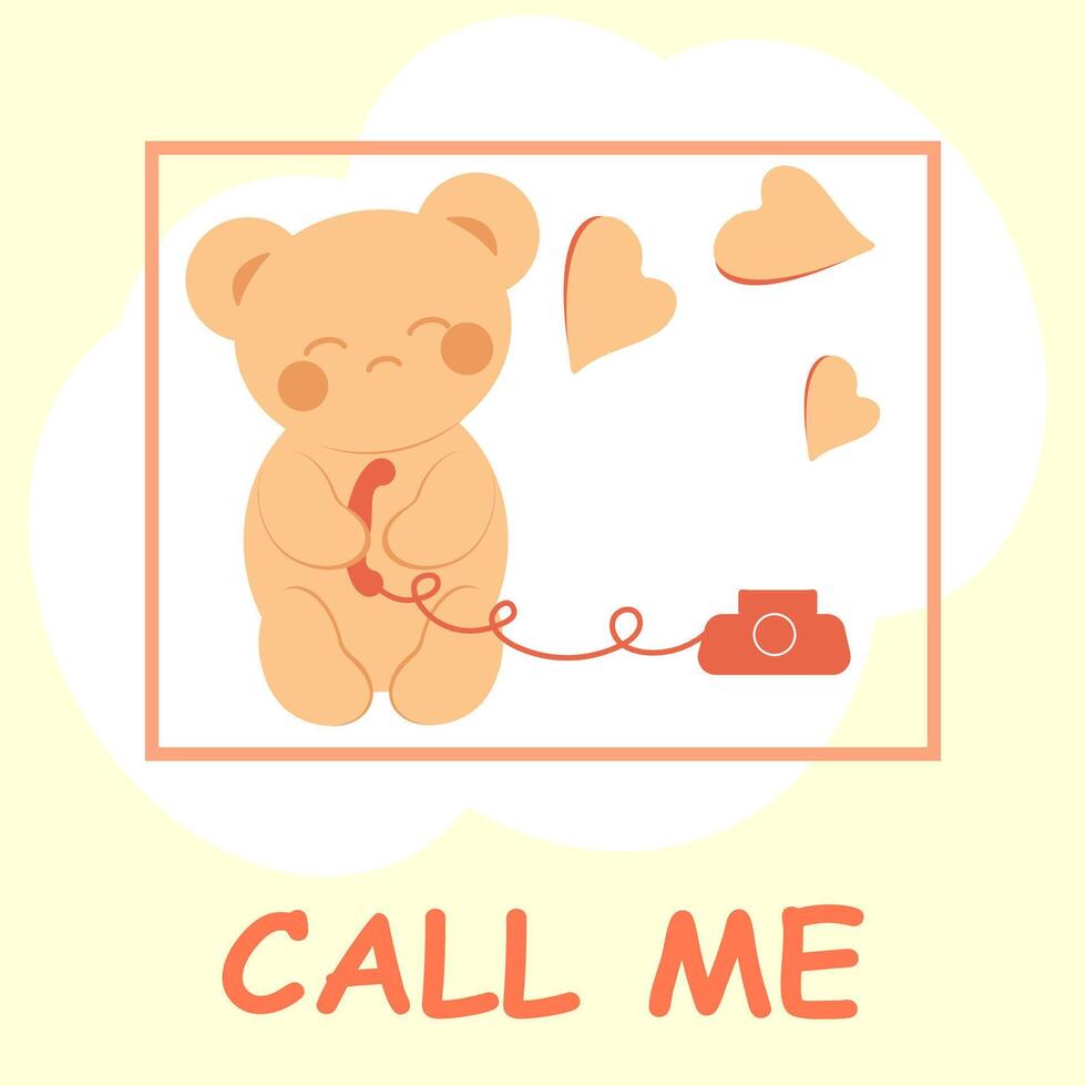 schattig verdrietig teddy beer in kawaii stijl met harten en een telefoon ontvanger. minimalistisch universeel kaart. vector