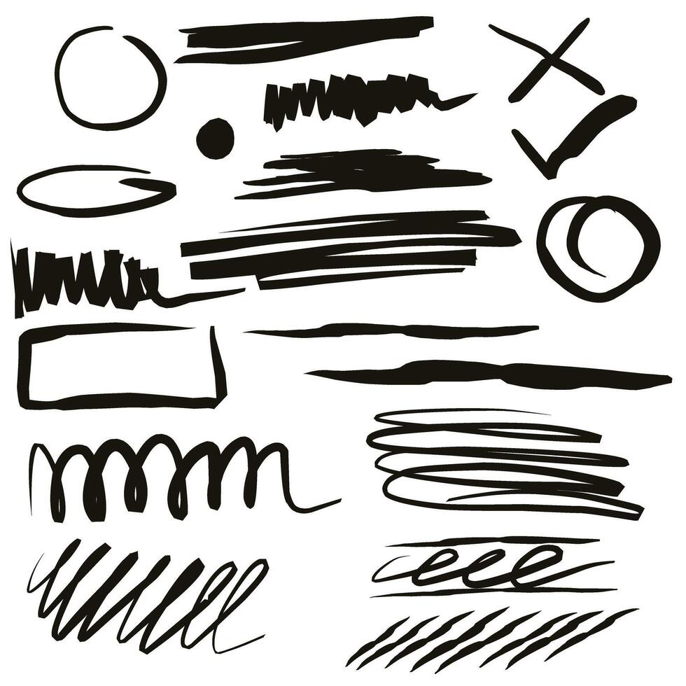 potlood reeks van grunge slagen, cirkels, pijlen, harten, spatten, verf vlekken, potlood tekeningen en andere creatief ontwerpen. perfect voor afdrukken, stickers, collages, etikettering. vector