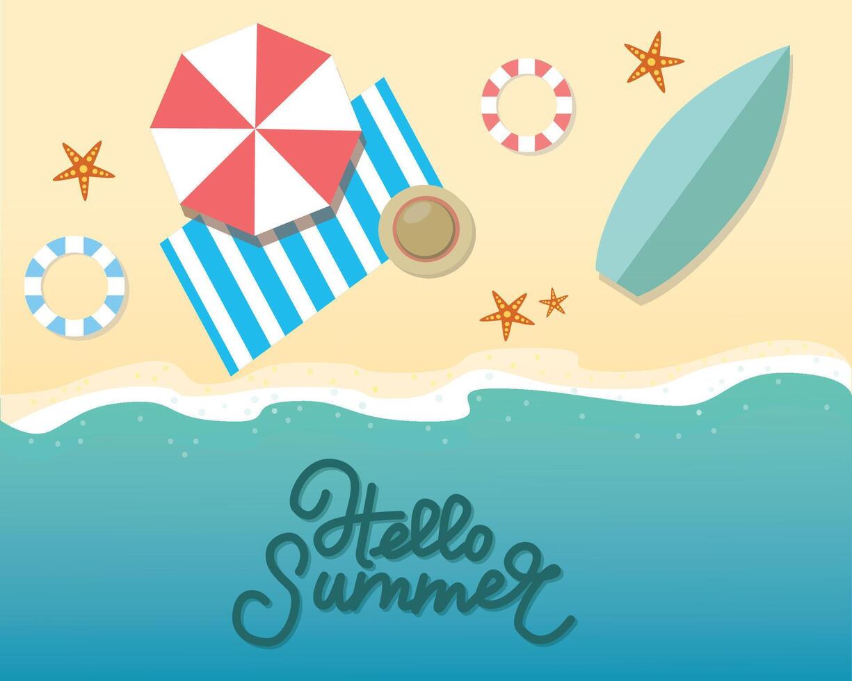 Hallo zomer concept. top visie van strand. sjabloon voor poster, banier, kaart, folder enz. vector