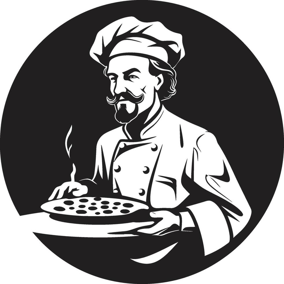 fijnproever taart icoon strak illustratie in elegant zwart pizza ambachtelijk elegant zwart logo met ingewikkeld culinaire ontwerp vector