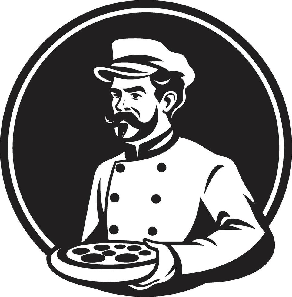 hartig plak ontketend donker icoon illustratie voor modern branding pizza chef meesterschap chique zwart embleem met strak culinaire ontwerp vector