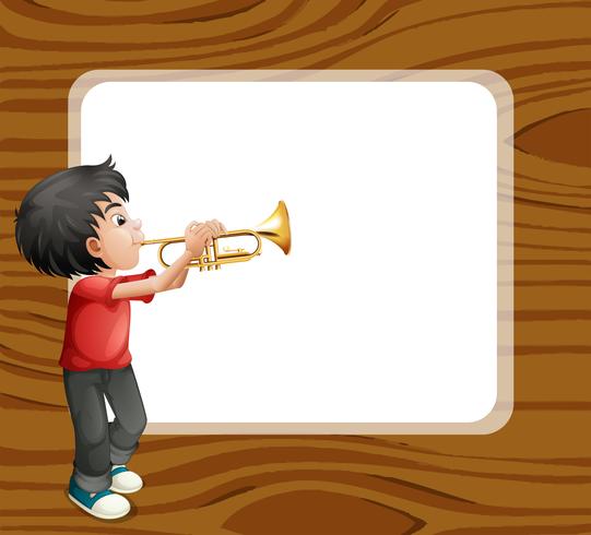 Een jongen die met zijn trombone voor een leeg malplaatje speelt vector