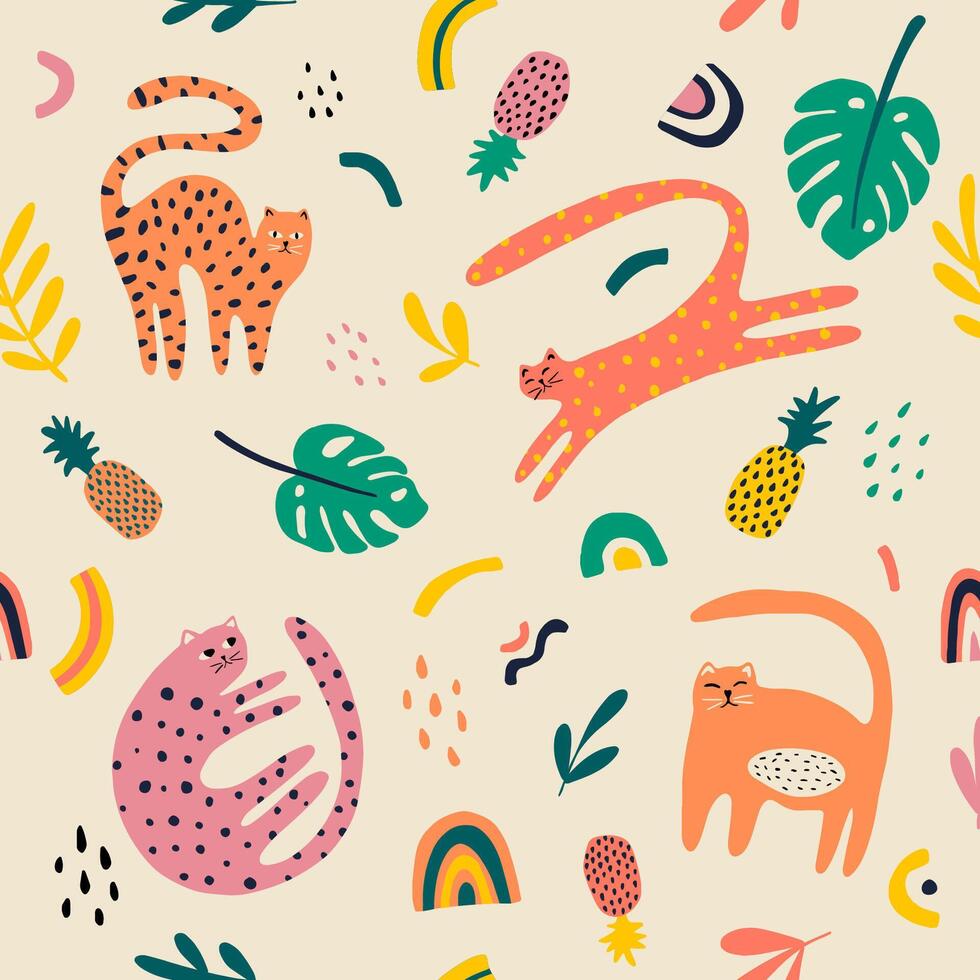 kat patroon met tropisch bladeren, ananas, regenboog, druppels. zomer naadloos structuur voor kleding stof, textiel, papier, omslag, interieur decor. vector