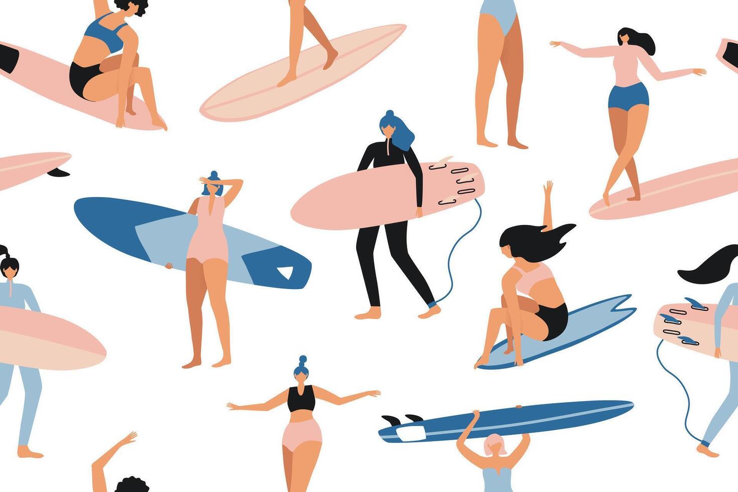 surfing naadloos patroon in . surfen meisjes karakter in zwempak met een shortboard en longboard. zomer ontwerp voor kleding stof, behang, verpakking papier, achtergronden en decor. vector