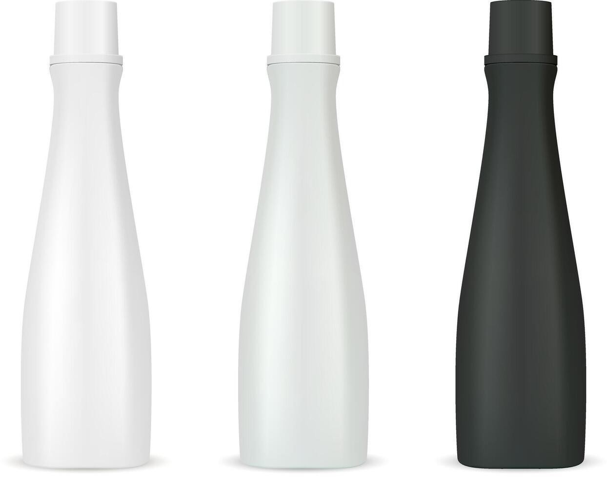 kunstmatig flessen mockup pak voor shampoo of douche gel. realistisch 3d illustratie van schoonheidsmiddelen pakket met deksel. Doorzichtig blanco sjabloon voor uw ontwerp. vector