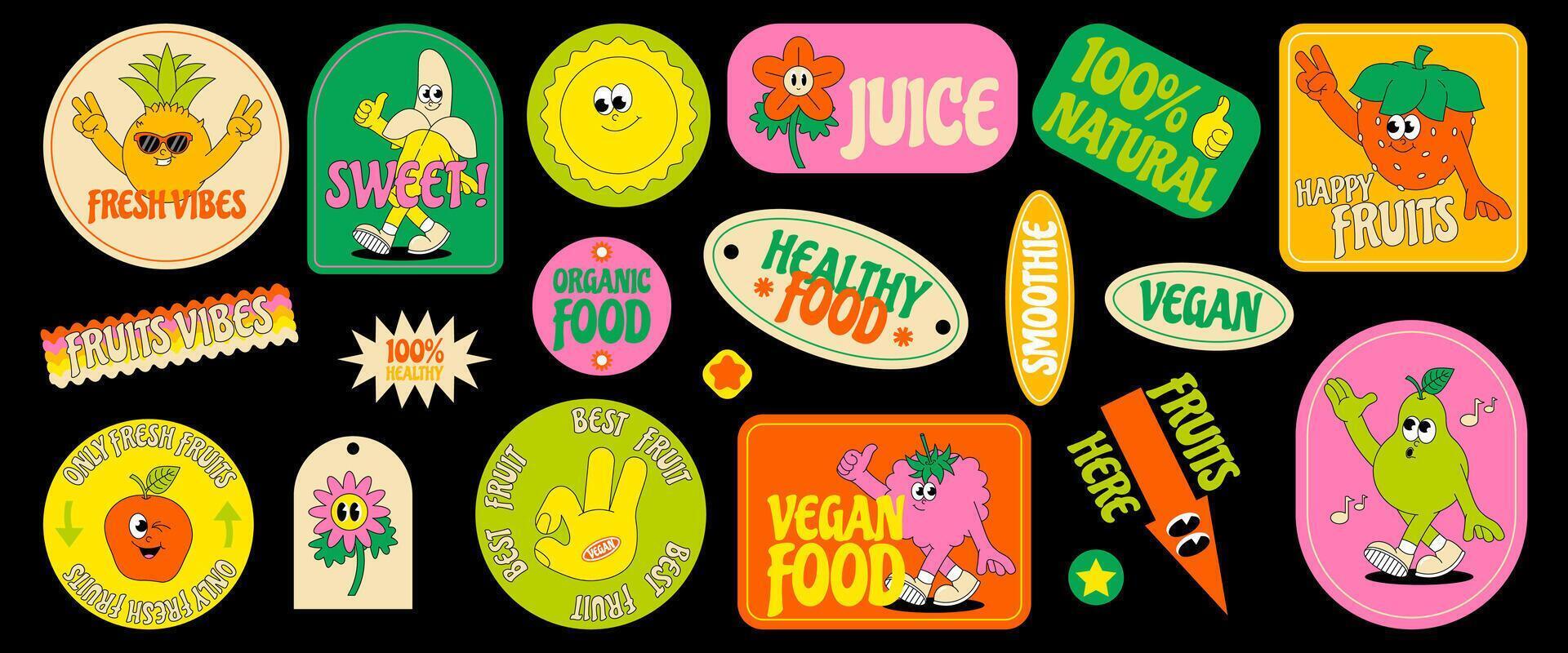 grappig vruchten. retro groovy sticker en lapje. grappig tekens van aardbei, banaan, watermeloen, appel, slogan, citaten en andere elementen. zomer illustratie. vector