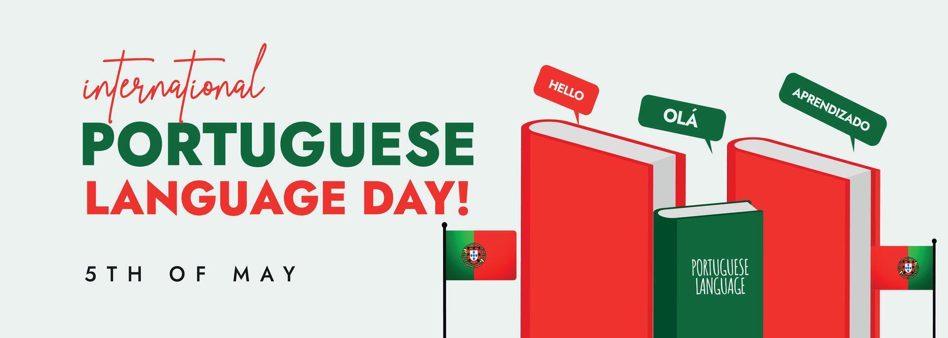 Internationale Portugees taal dag. 5e mei Portugees taal viering dag met boeken in rood en groen kleuren en Portugees vlaggen en toespraak bubbels. Portugal taal Hoes banier vector