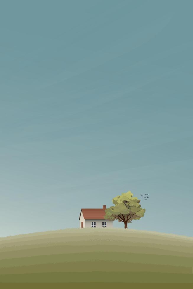 land huis Aan heuvel in de ochtend- illustratie hebben blanco ruimte. platteland concept verticaal achtergrond. herfst landbouw landschap. vector