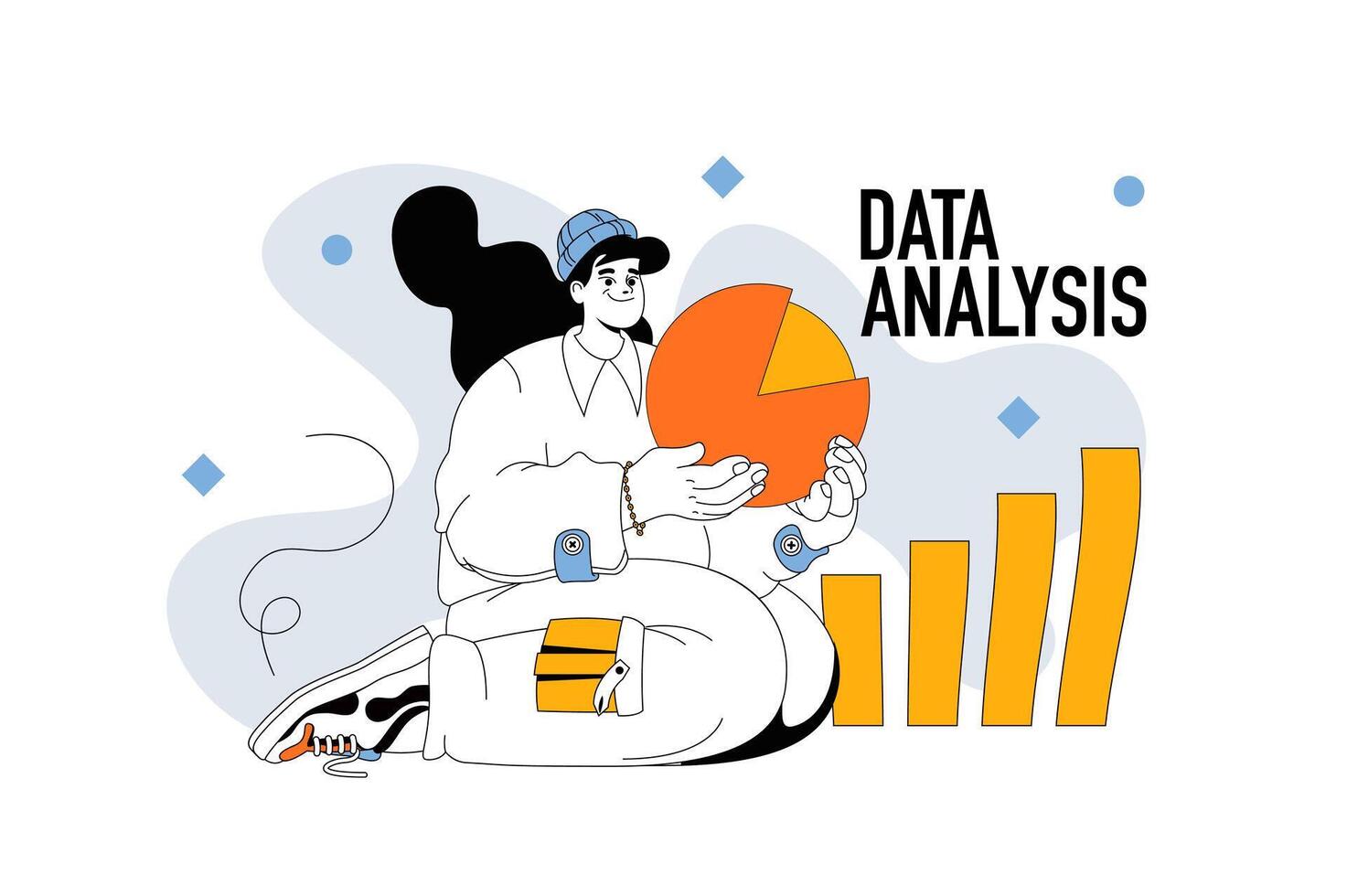 gegevens analyse schets web modern concept in vlak lijn ontwerp. vrouw onderzoeken financieel diagram en statistisch grafieken met groei. illustratie voor sociaal media banier, afzet materiaal. vector