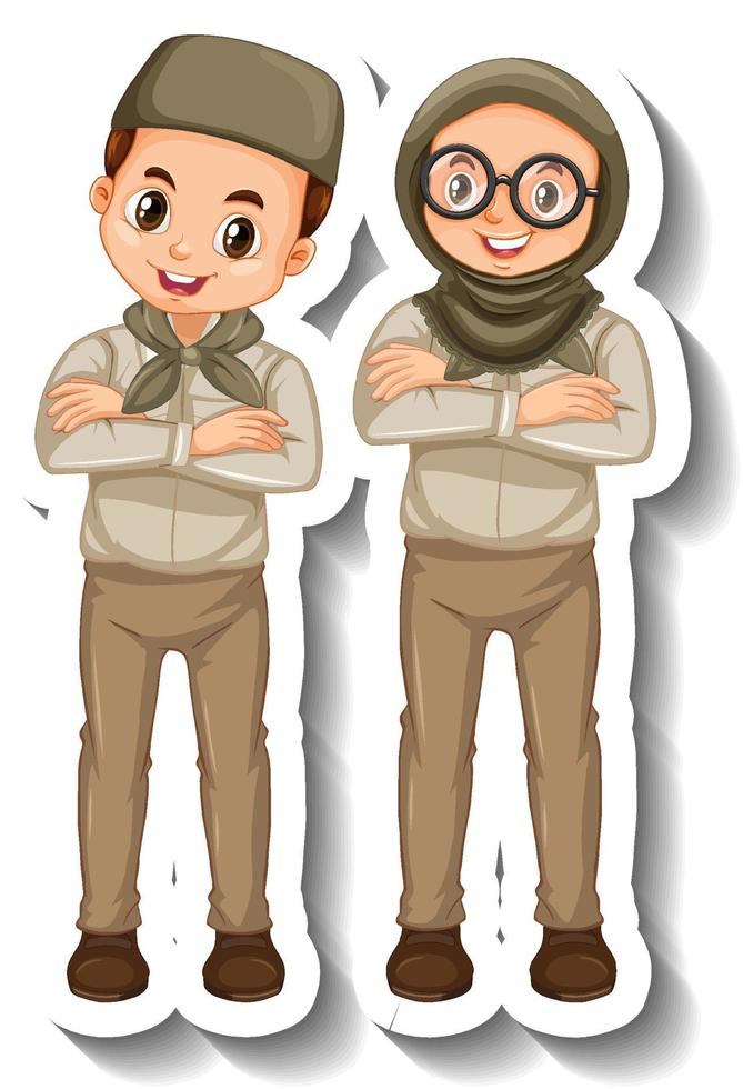 paar moslimkinderen dragen safari-outfit stripfiguursticker vector