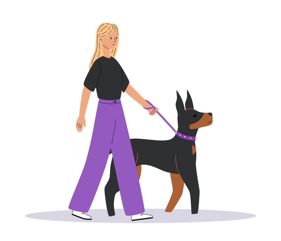 jong vrouw wandelen met schattig hond. gelukkig huisdier eigenaar met doberman. hond trainer of hond wandelaar. kant visie. vlak illustratie geïsoleerd Aan wit achtergrond vector