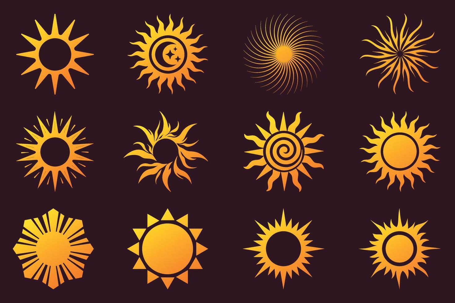 schijnend zon symbool set. stralend zon icoon Aan een donker achtergrond vector