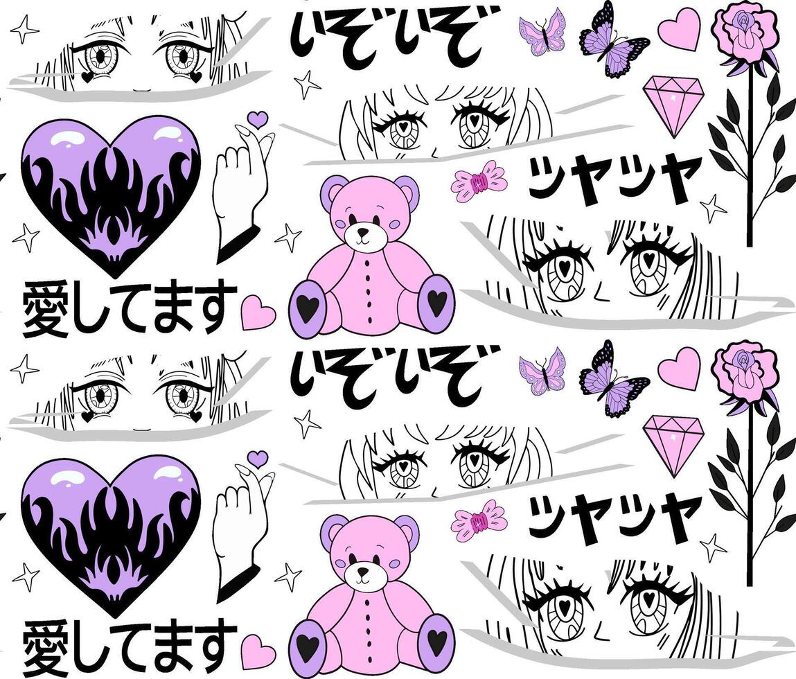 y2k roze meisjesachtig patroon. anime meisjes, RAM hoofd, hart manga retro y2k kawaii stijl. vertaling. geassorteerd Japans onomatopee, i liefde jij. vector