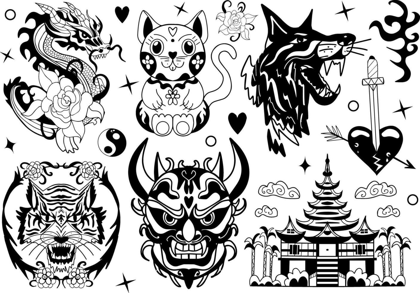 Japans tatoeëren reeks met demon hannya masker, maneki neko kat, Chinese draak met bloemen. reeks van kunst voor tatoeages of afdrukken Aan een t-shirt. oni masker illustratie ontwerp met donker kunst stijl vector