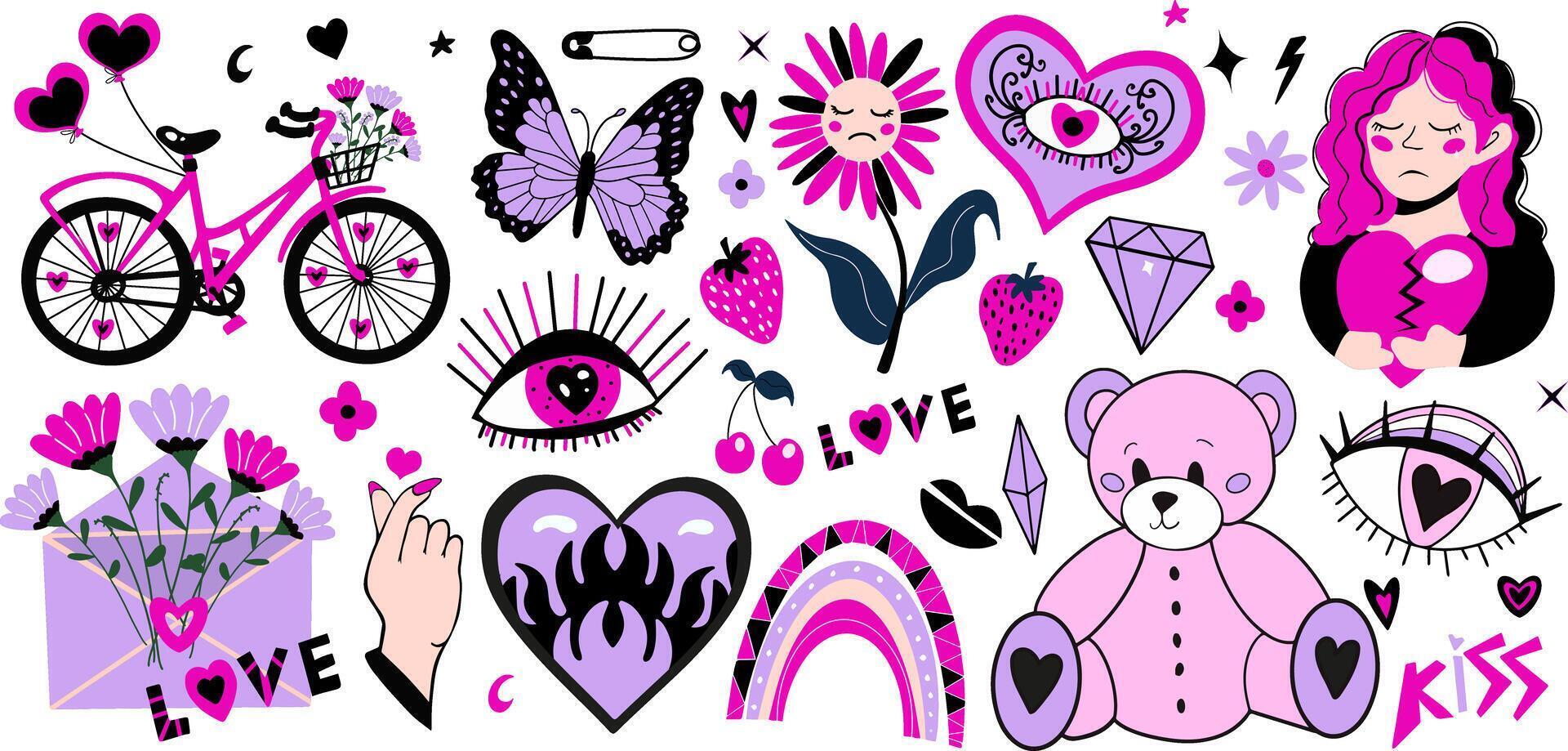 reeks van y2k roze meisjesachtig clip art. emo verdrietig meisjes in liefde, hart, brief, fiets. Valentijnsdag dag verzameling. vector