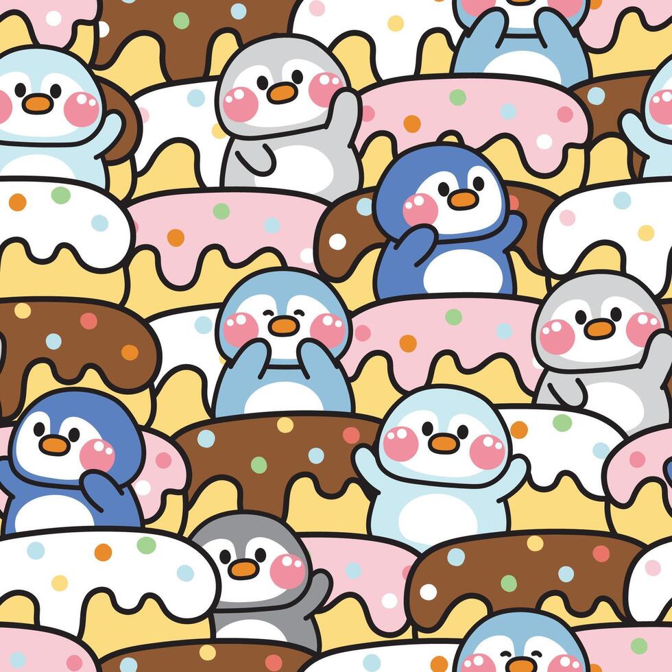 herhaal.naadloos patroon van schattig pinguïn groet met groot donut achtergrond.vogel dier karakter tekenfilm design.sweet.bakkerij.dessert.image voor kaart, poster, schat kleding.kawaii.illustratie. vector