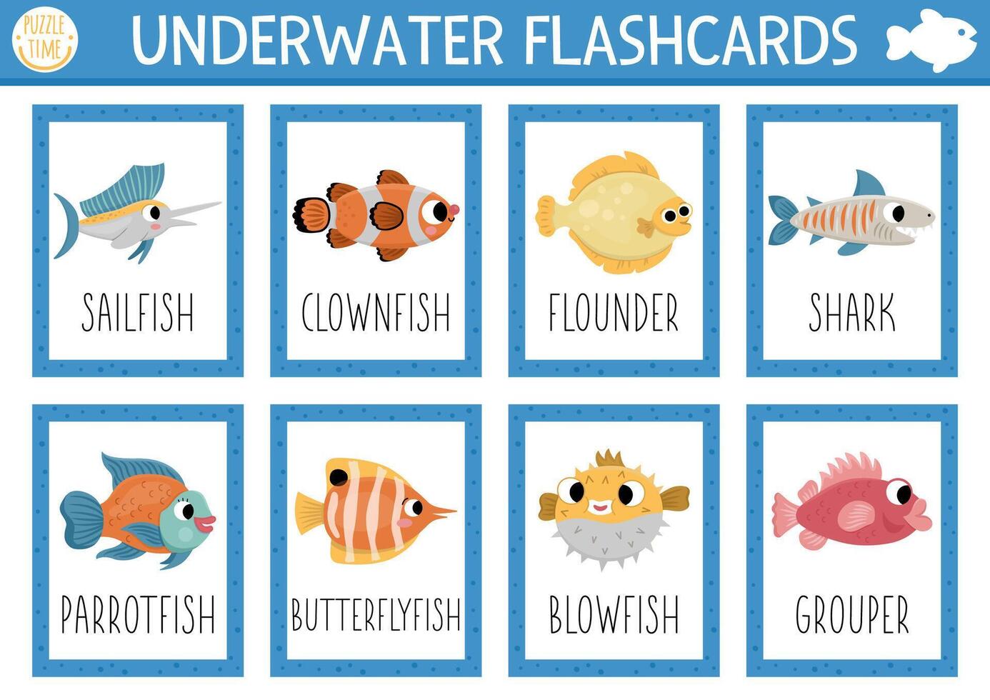 flash kaarten reeks met vissen. Engels taal spel met schattig tandbaars, bot, haai, clown vis voor kinderen. oceaan leven flashcards met water dieren. gemakkelijk leerzaam afdrukbare werkblad vector