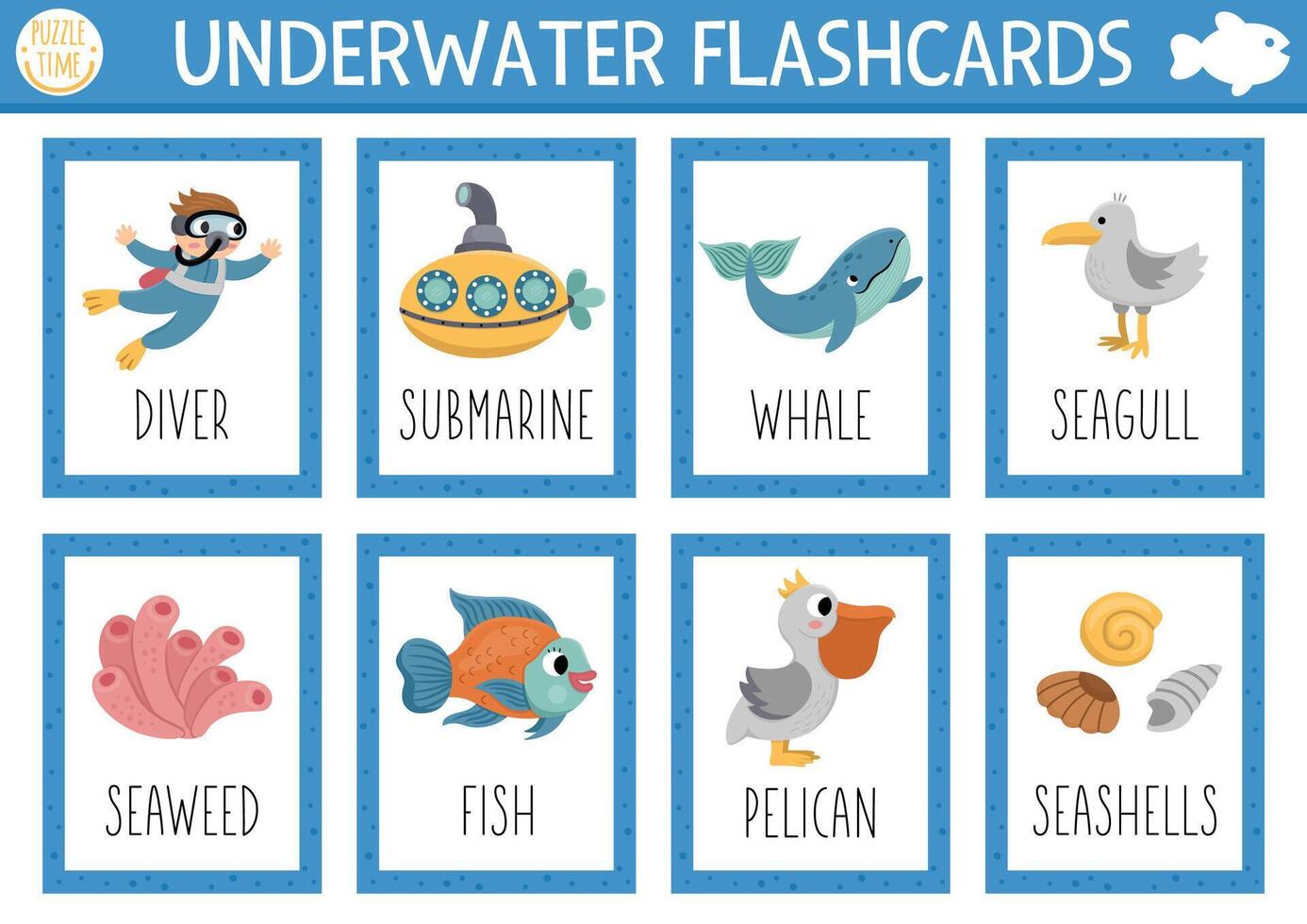 flash kaarten reeks met water dieren, duiker, onderzeeër. Engels taal spel met schattig walvis, pelikaan, schelpen voor kinderen. oceaan leven flitskaarten. gemakkelijk leerzaam afdrukbare werkblad vector