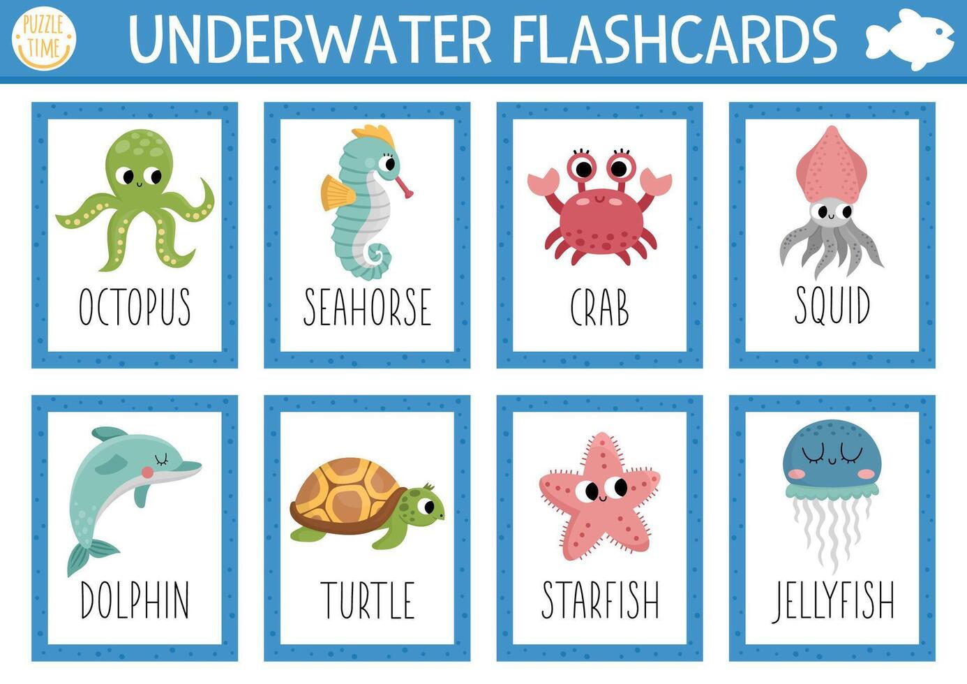 flash kaarten reeks met water dieren, Octopus, zeepaardje. Engels taal spel met schattig krab, schildpad, dolfijn voor kinderen. oceaan leven flitskaarten. gemakkelijk leerzaam afdrukbare werkblad vector