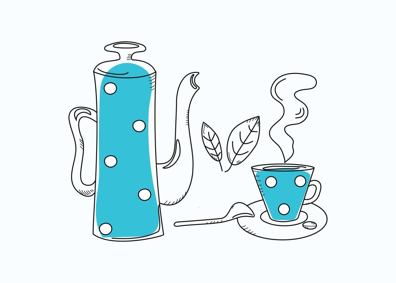 koffie pot, kop en lepel, tekening tekeningen. heet drankje, koffie, thee. theepot, mok. munt bladeren. illustratie. vector