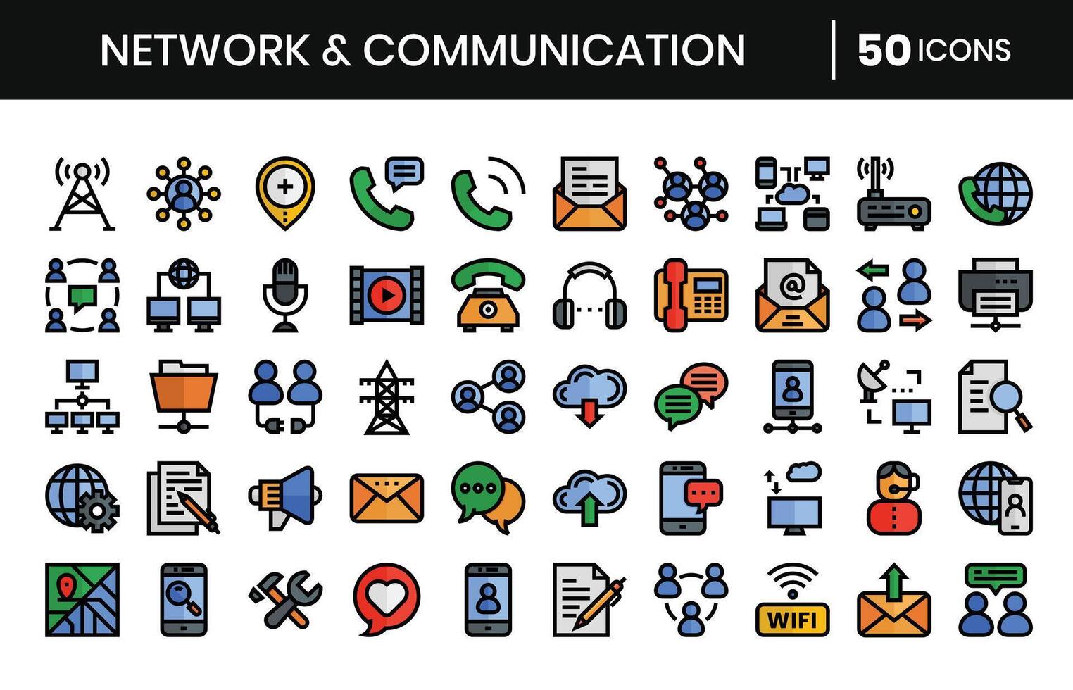 netwerk en communicatie gevulde schets pictogrammen set. illustratie. vector