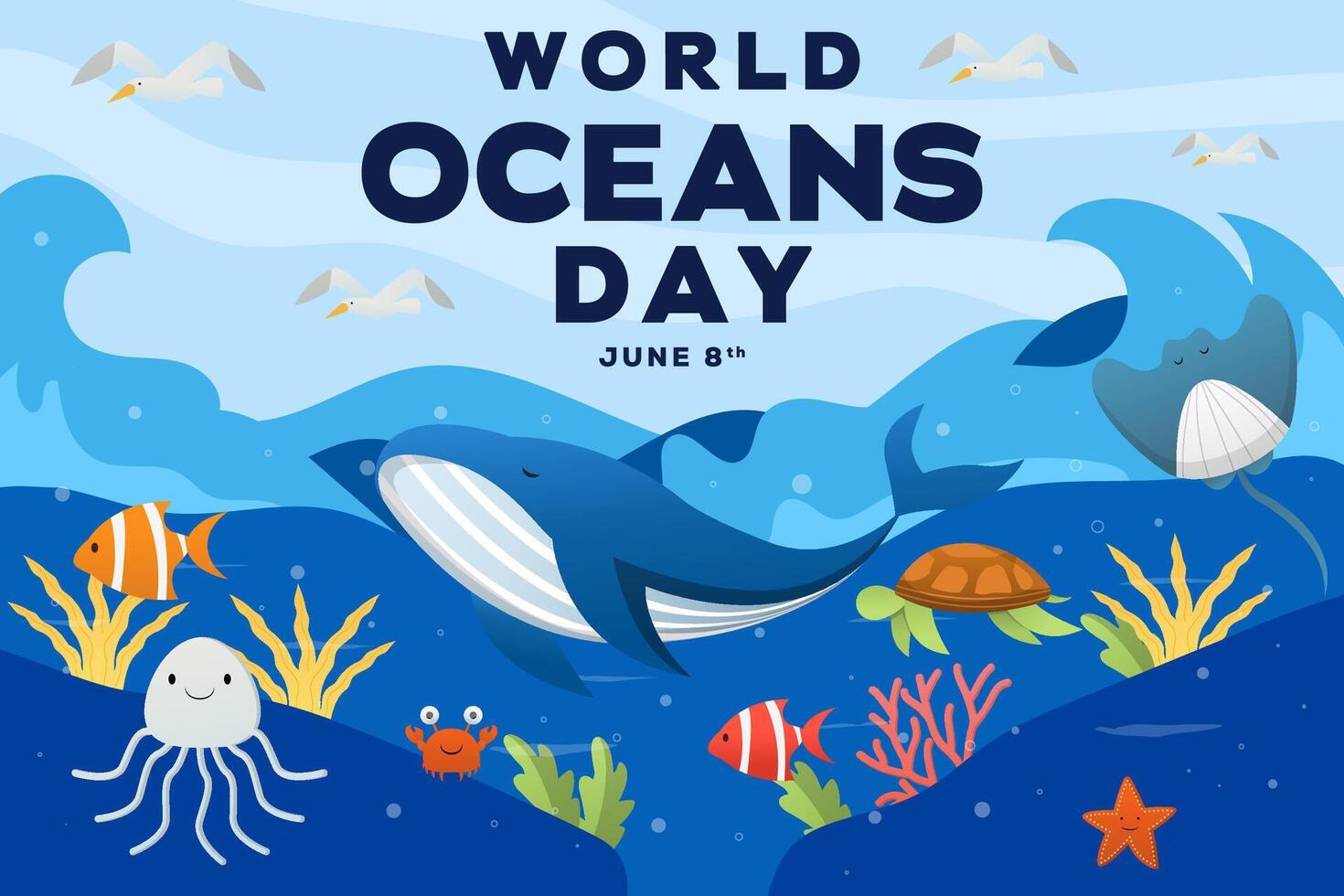 wereld oceaan dag achtergrond illustratie in helling stijl vector