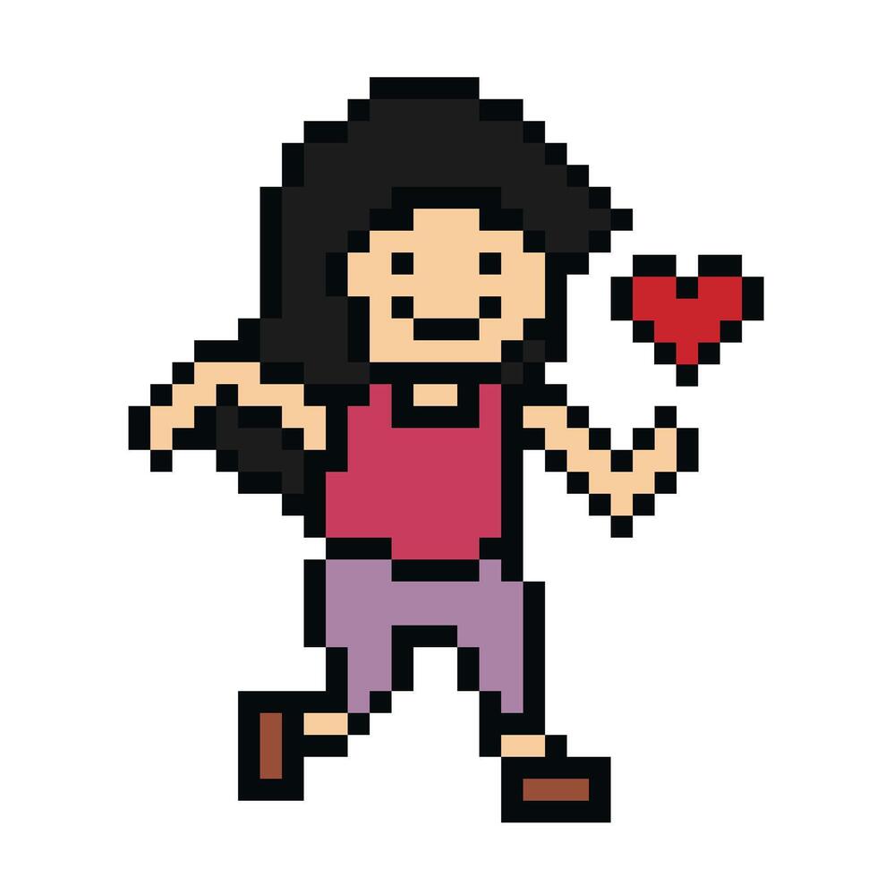 schattig pixel tekenfilm 8 bit karakter vrouw rennen of rennen met hart levensstijl decoratie leven stijl 8 beetje vrouw meisje marathon oefening geschiktheid . vector