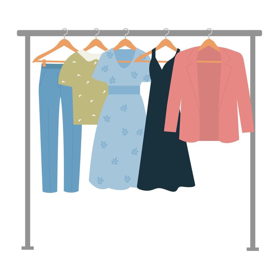 garderobe van kleren. Dames kleren hangende Aan hanger spoor.modern kleding, kledingstukken rij voor uitverkoop, liefdadigheid, voorraad. illustratie vector