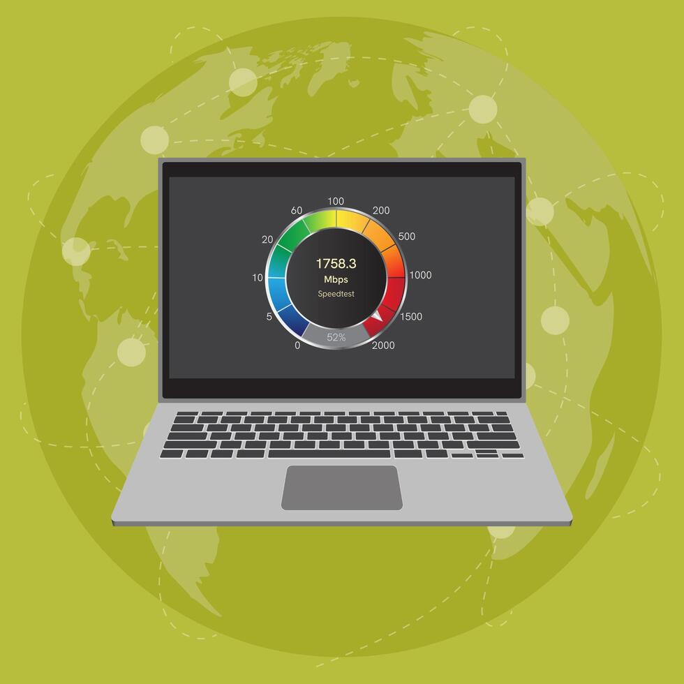 laptop icoon met internet verbinding snelheid test Aan de scherm. internet downloaden snelheid test Aan web bladzijde. snelheid test en netwerk prestatie informatie. vector