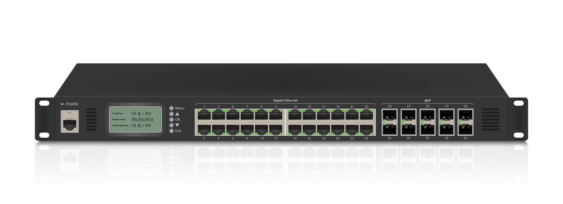 professioneel netwerk industrieel gigabit schakelaar geïsoleerd Aan wit achtergrond met sfp havens, rj45 modulair pluggen voor solide cat5, kat5e, cat6 ethernet kabel connectoren. vector