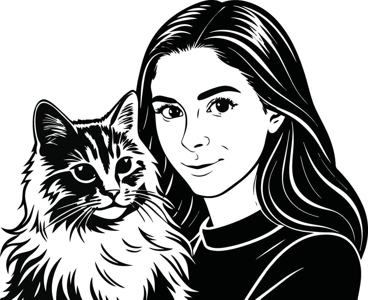 een zwart en wit tekening van een vrouw Holding een kat vector