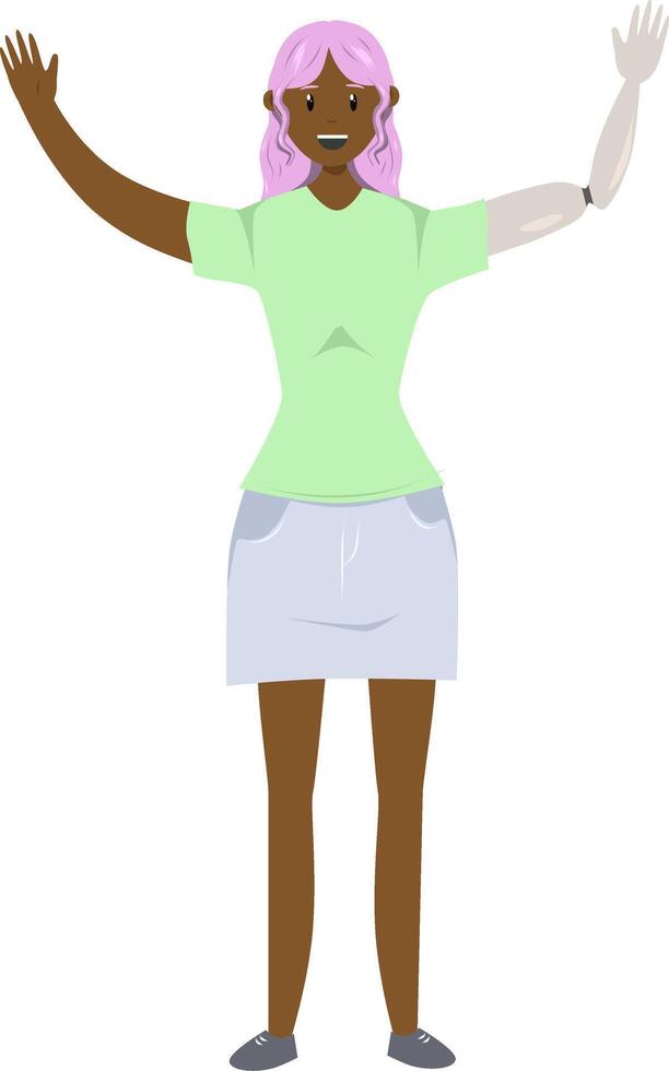 illustratie van een zwart meisje met een prothetisch arm in vlak stijl. vlak illustratie Aan de thema van lichaam positiviteit. vector