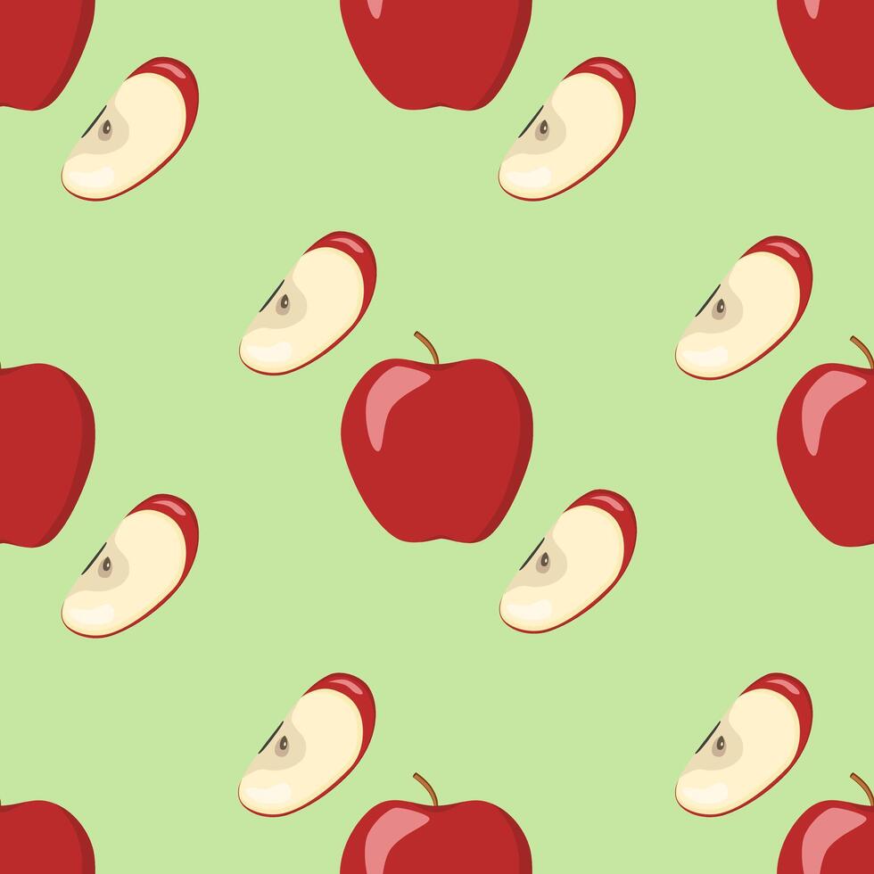 naadloos patroon rood appel en voor de helft appel, fruit plakjes en stukken in tekenfilm stijl. gezond vegetarisch tussendoortje voedsel fruit, illustratie vector