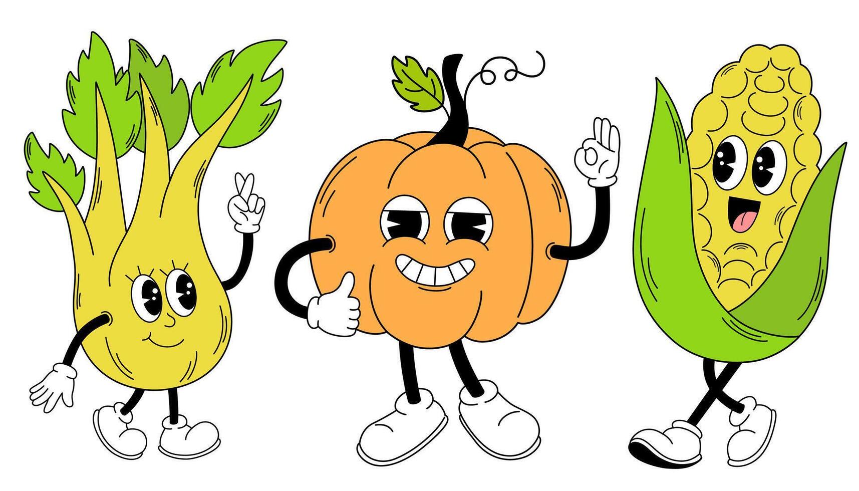 groovy groenten set. hand- trek grappig retro wijnoogst modieus stijl groenten tekenfilm karakter. selderij, maïs, pompoen. tekening grappig verzameling vector
