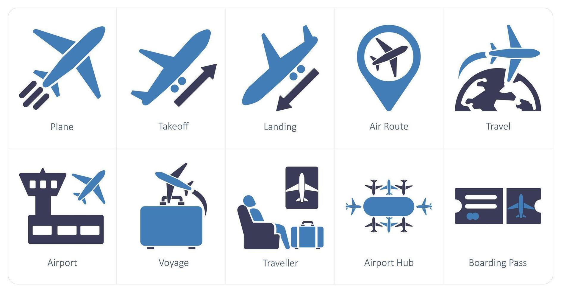 een reeks van 10 luchthaven pictogrammen net zo vlak, opstijgen, landen vector