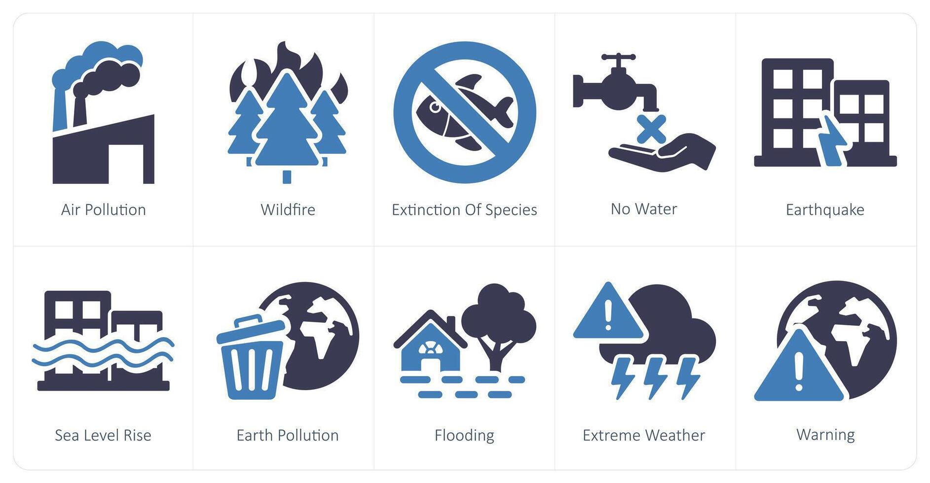 een reeks van 10 klimaat verandering pictogrammen net zo lucht vervuiling, wildvuur, uitsterven van soorten vector