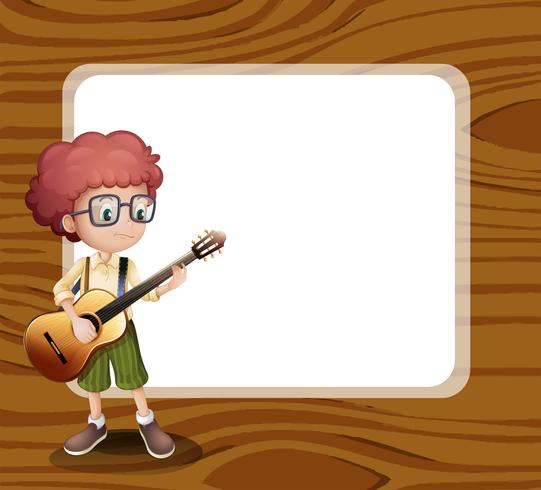 Een jongen met een gitaar die zich voor de lege sjabloon bevindt vector