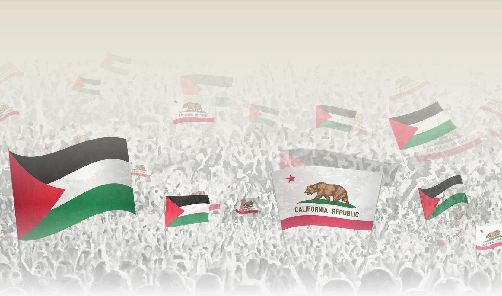 Palestina en Californië vlaggen in een menigte van juichen mensen. vector